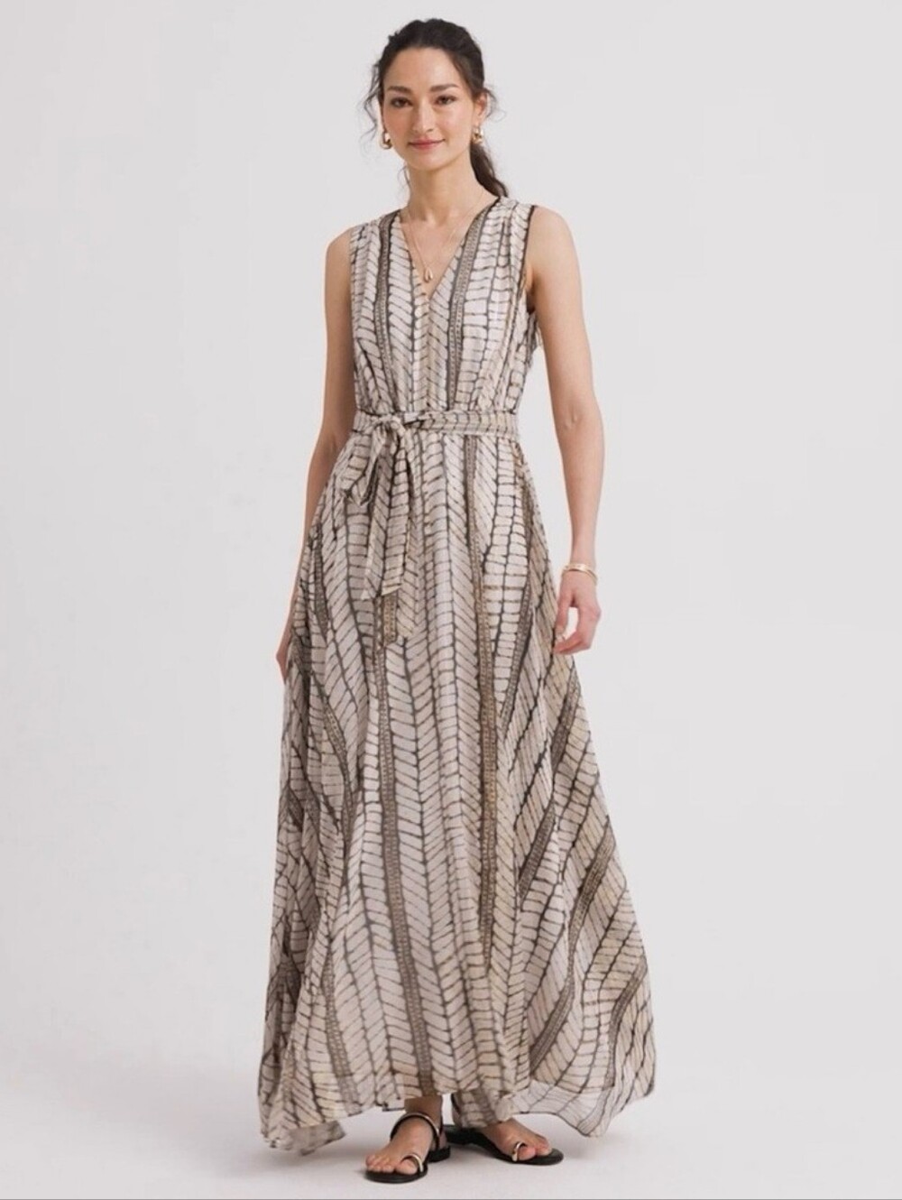 WHBM Sleeveless V-Neck Printed Maxi Dress in Beige and Brown
